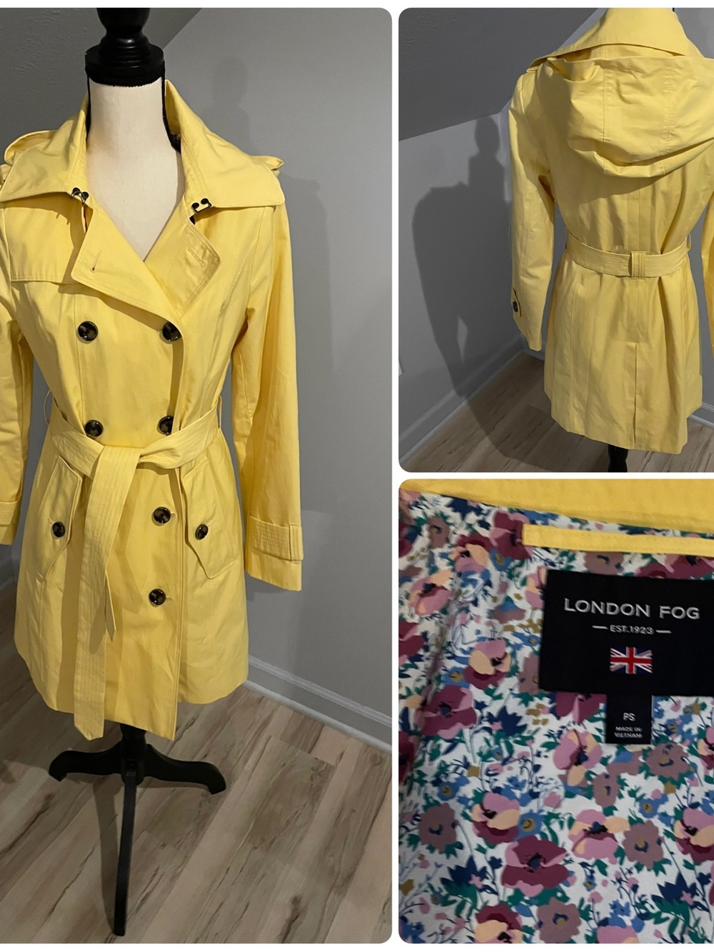London Fog Yellow Hooded Double-Breasted Trench Coat PS Small Belted Mid Length